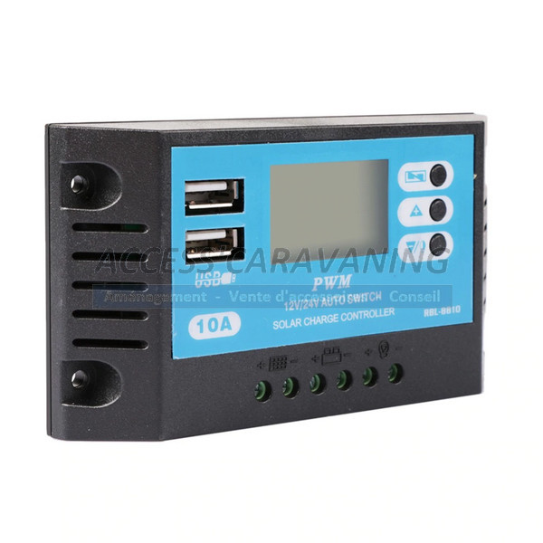 SolaMr 10A Régulateur de Charge Solaire 12V/24V Contrôleur de Charge Solaire avec Écran LCD et Port USB 10A 