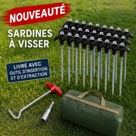 Lot de 20 sardines piquets a visser avec sacoche, embout, extracteur